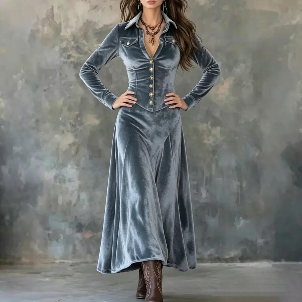 Women's Vintage Velvet Long Dress with Notched Lapel and Single-Breasted Waist-Cinching Design
