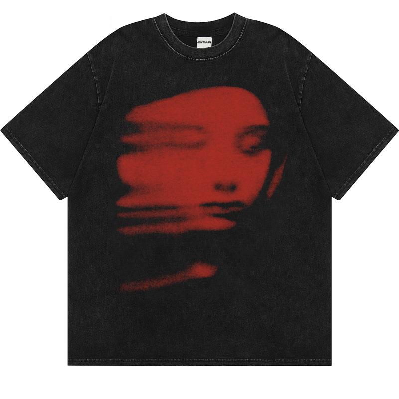 

Harajuku 2024 Summer Men Washed Tshirt Black Streetwear Red Face Graphic Clothes Print Short Sleeve Top Cotton Loose Hipster Y2K 4XL