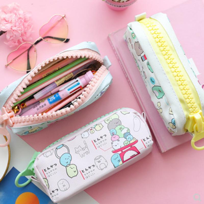 Simple Girls Pencil Case Large Capacity Cartoon Pattern Cute Canvas Stationery Bag Students Supplies