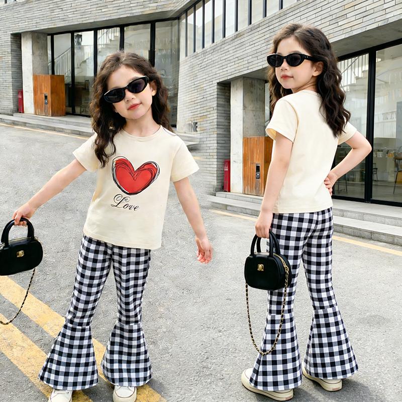 2/3piece set of summer girls' fashionable casual short sleeved flared pants set with heart round neck T-shirt and checkered pant