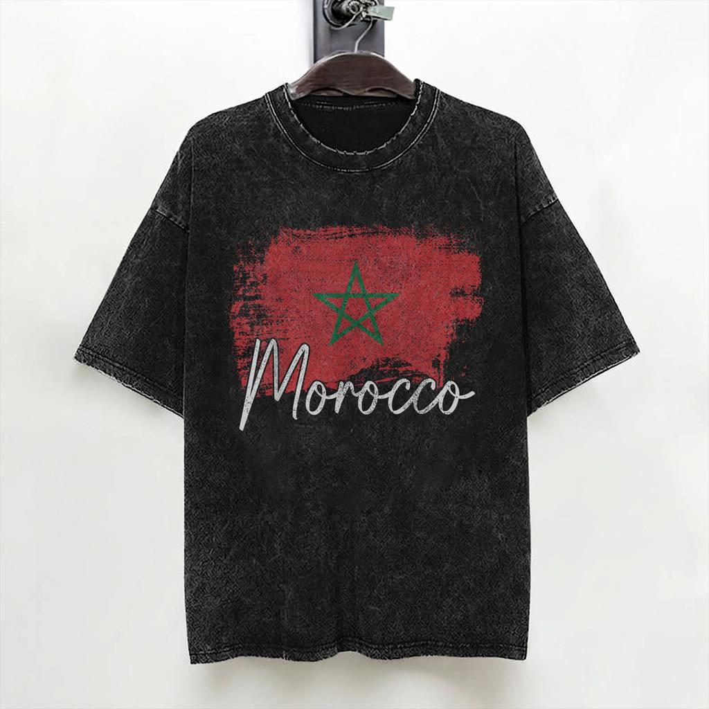 Washed T Shirts Morocco Flag Hip Hop Fashion Tshirt Harajuku Moroccan Streetwear Short Sleeve Printed Tee Shirt For Men Women