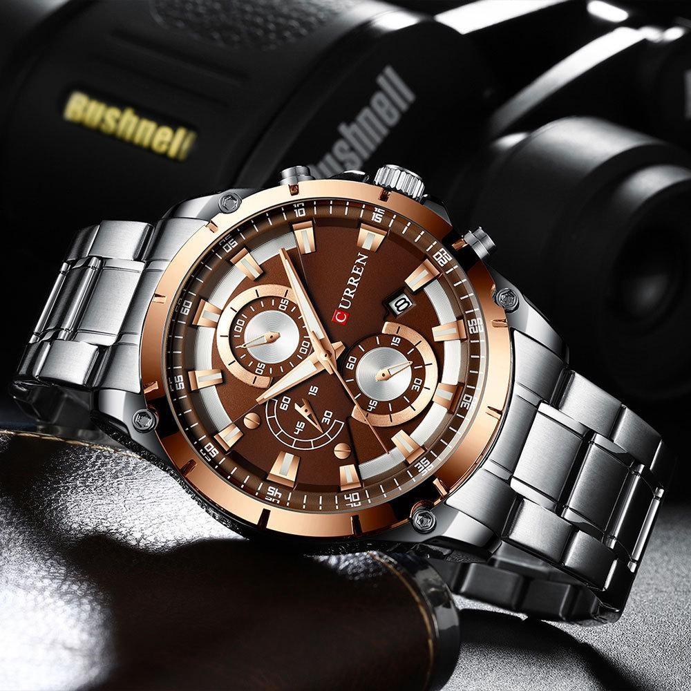 CURREN Men's Fashion Quartz Watches Date Waterproof Chronograph Wristwatches Stainsteel Steel Band Luminous Watch