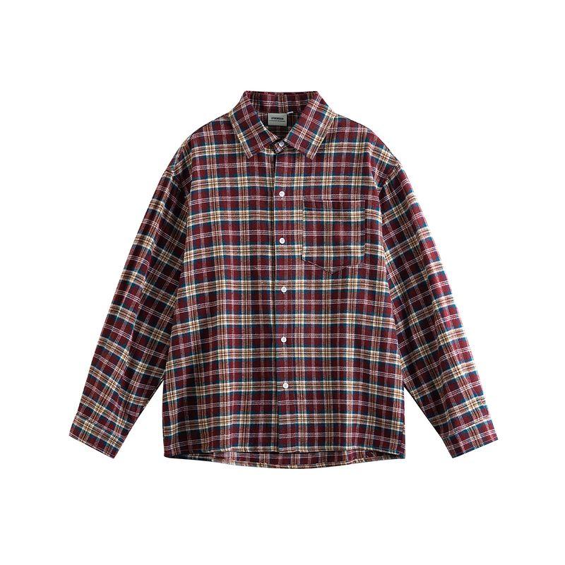 

Men s American-Style Oversized Retro Casual Classic Color-Block Plaid Shirt Long-Sleeve Unisex Trendy Loose Couple Jacket Red Plaid S