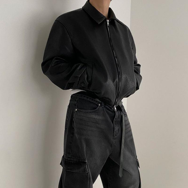 

Короткая кожаная куртка в стиле ретро, мужская весенняя куртка со свободными лацканами, модная куртка из потертой кожи в корейском стиле L чёрный