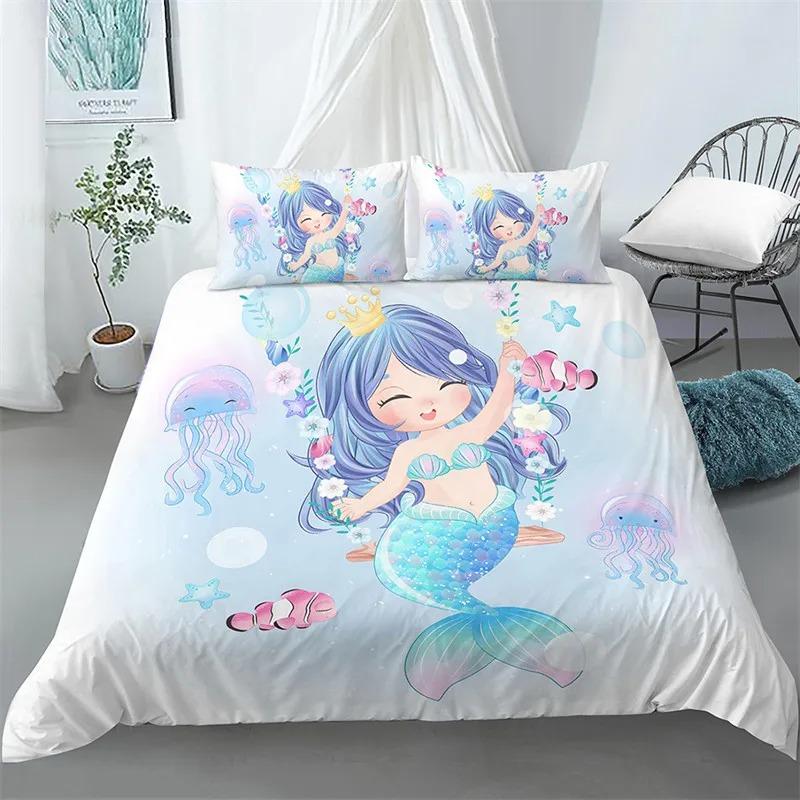 Cute Cartoon Mermaid Duvet Cover Twin Queen Ocean Themed Bedding Set Mermaid Princess Comforter Cover For Kids Girls Room Decor