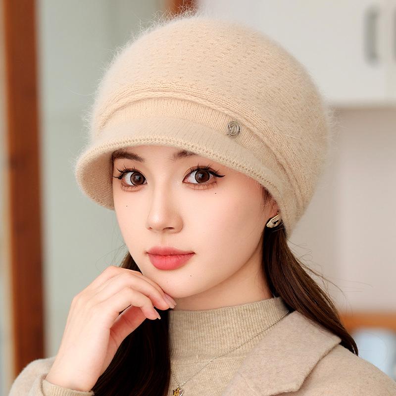 

Вязаная шапка для женщин, осенне-зимняя теплая шапка из кроличьей шерсти в западном стиле, короткая вязаная шапка с утиным язычком, шапка для пожилых мам среднего возраста one size бежевый