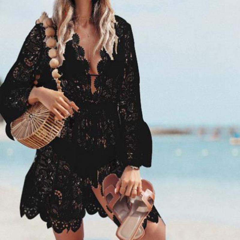 

Женские сексуальные кружевные повседневные платья с длинными рукавами и V-образным вырезом 2XL чёрный
