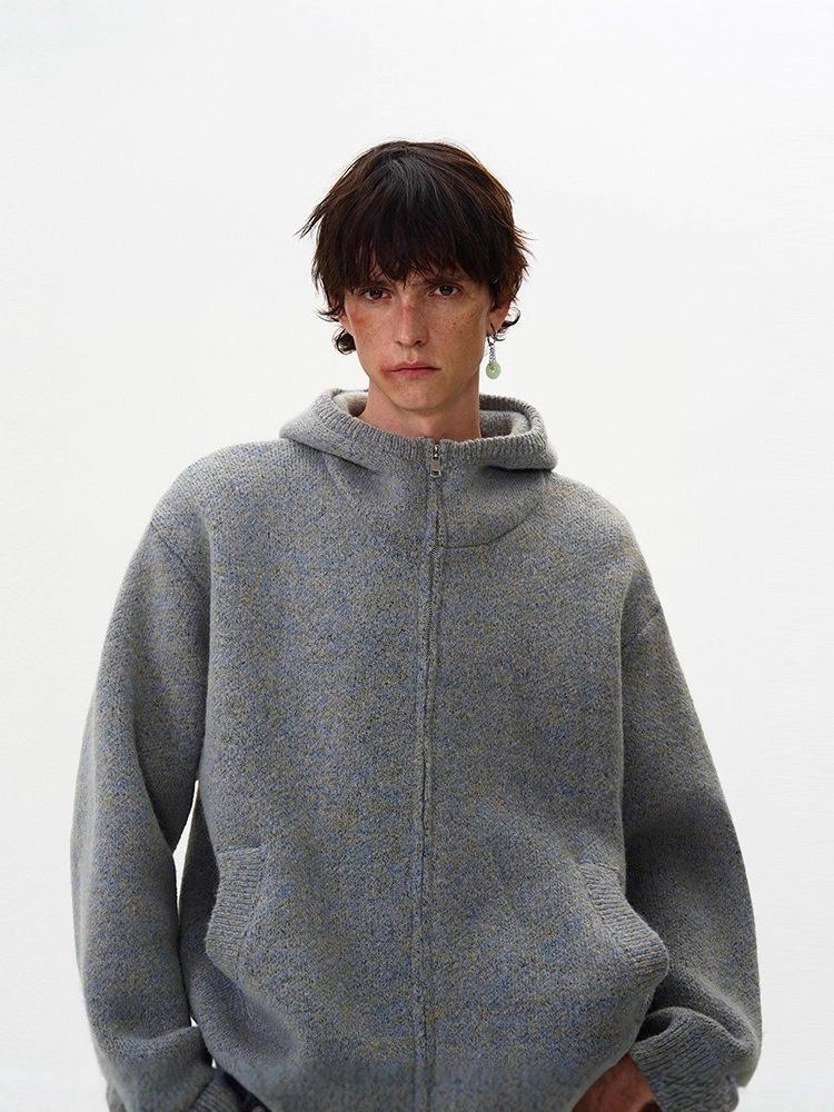 Unisex americký retro šedý kardigan s kapucí - Volný, ležérní pletený svetr na podzim/zimu