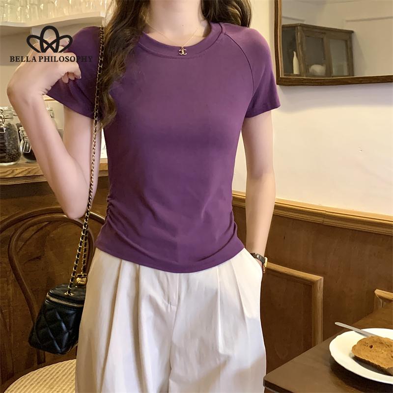 

Женская короткая футболка с открытой спиной и облегающим топом с короткими рукавами и плиссированной талией для женщин XL фиолетовый