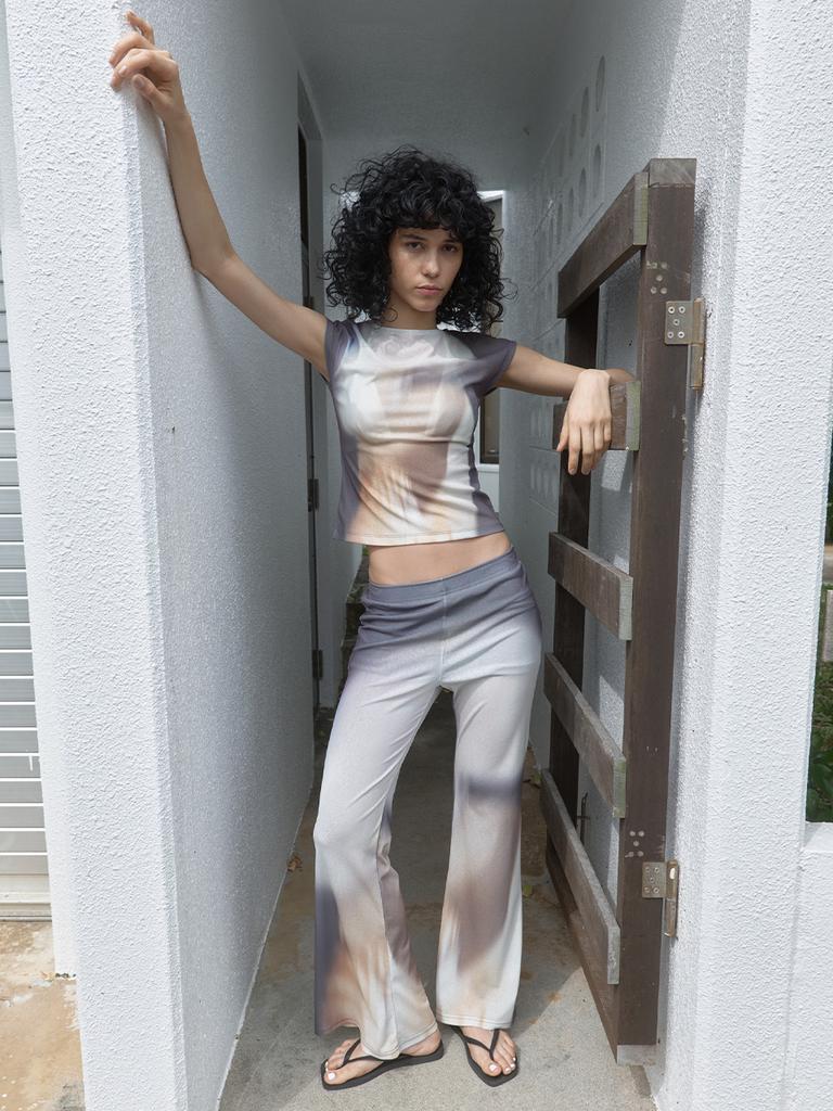 Gijun Sheer Print Flared Pants Charcoal