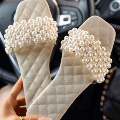 Spring and Summer New Women's Pearl Rhinestones Women's All-match Casual Slippers Fashion Solid Flat Shoes Sandals