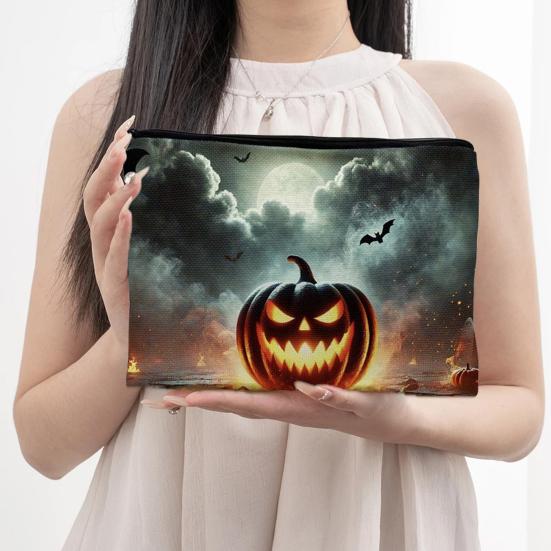 Halloween Themed Pencil Case Storage Bag Large Capacity Cosmetic with Pumpkin Smooth Zipper