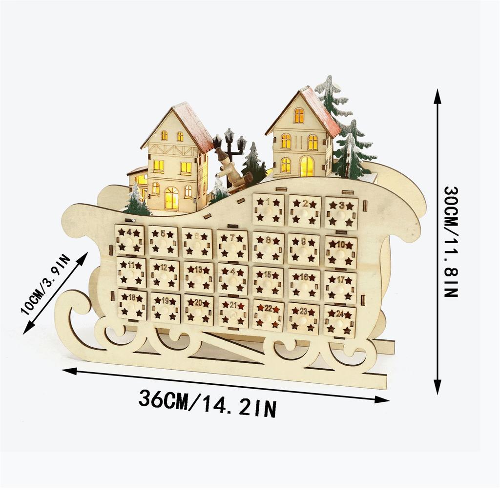 Wooden 24 Days Christmas Advent Calendar Creative Sleigh Shape LED Home Decor Festive Countdown Decorative Figurine Ornament