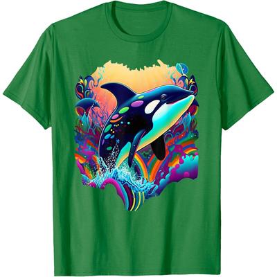 Colorful Orca Graphic Tee Artistic Killer Whale Print Men's Round Neck Casual T-Shirt