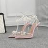 Fashion Sexy Transparent Pvc String Bead Women Thin High Heels Shoes Rhinestone Butterfly-Knot Clear Pointed Buckle Strap Sandals Pumps