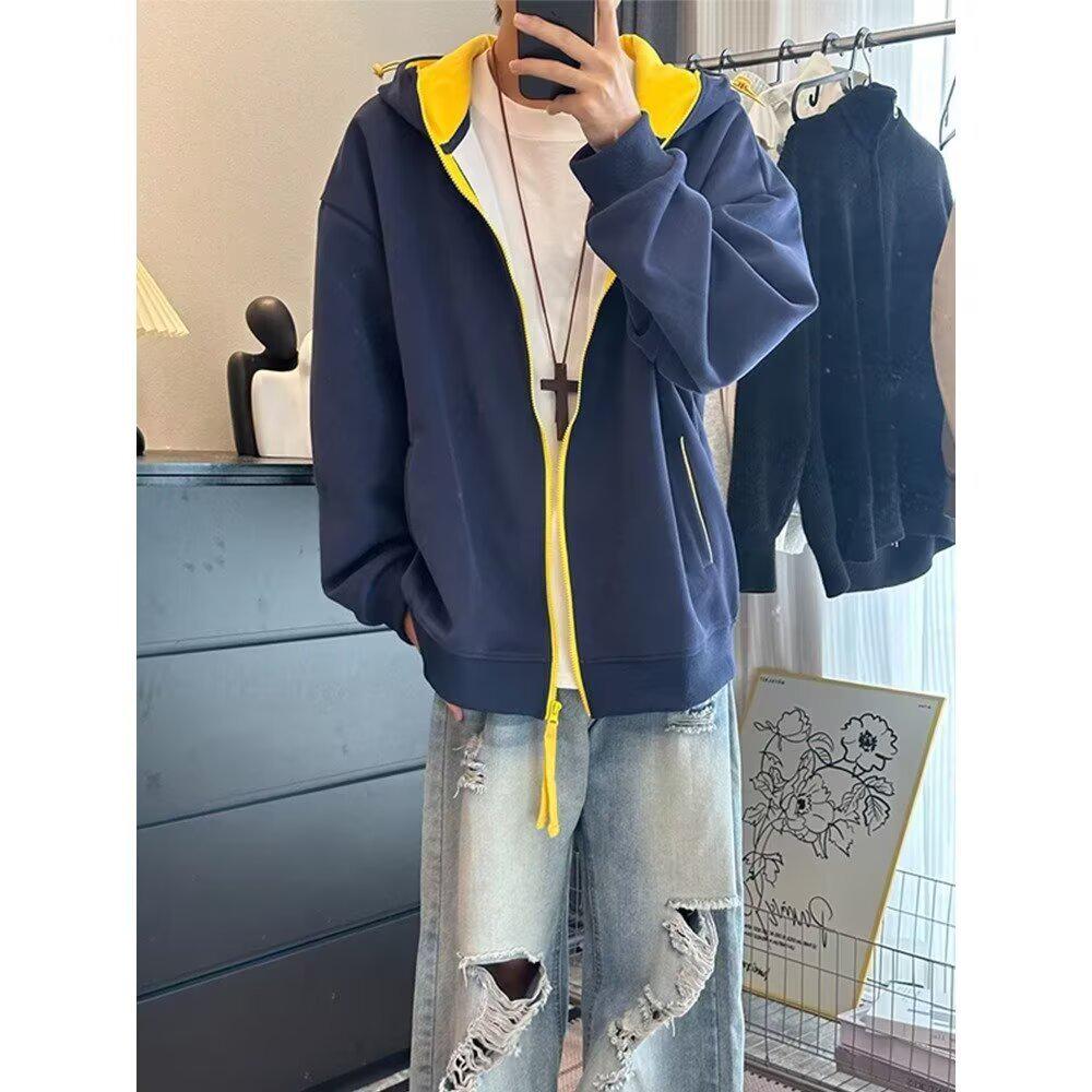 

Men s American-Style Hooded Sweatshirt: Versatile, Trendy, Plus Velvet, Zipper, Solid Color, Casual Autumn/Winter Cardigan Jacket for Couples. M темно-синього кольору