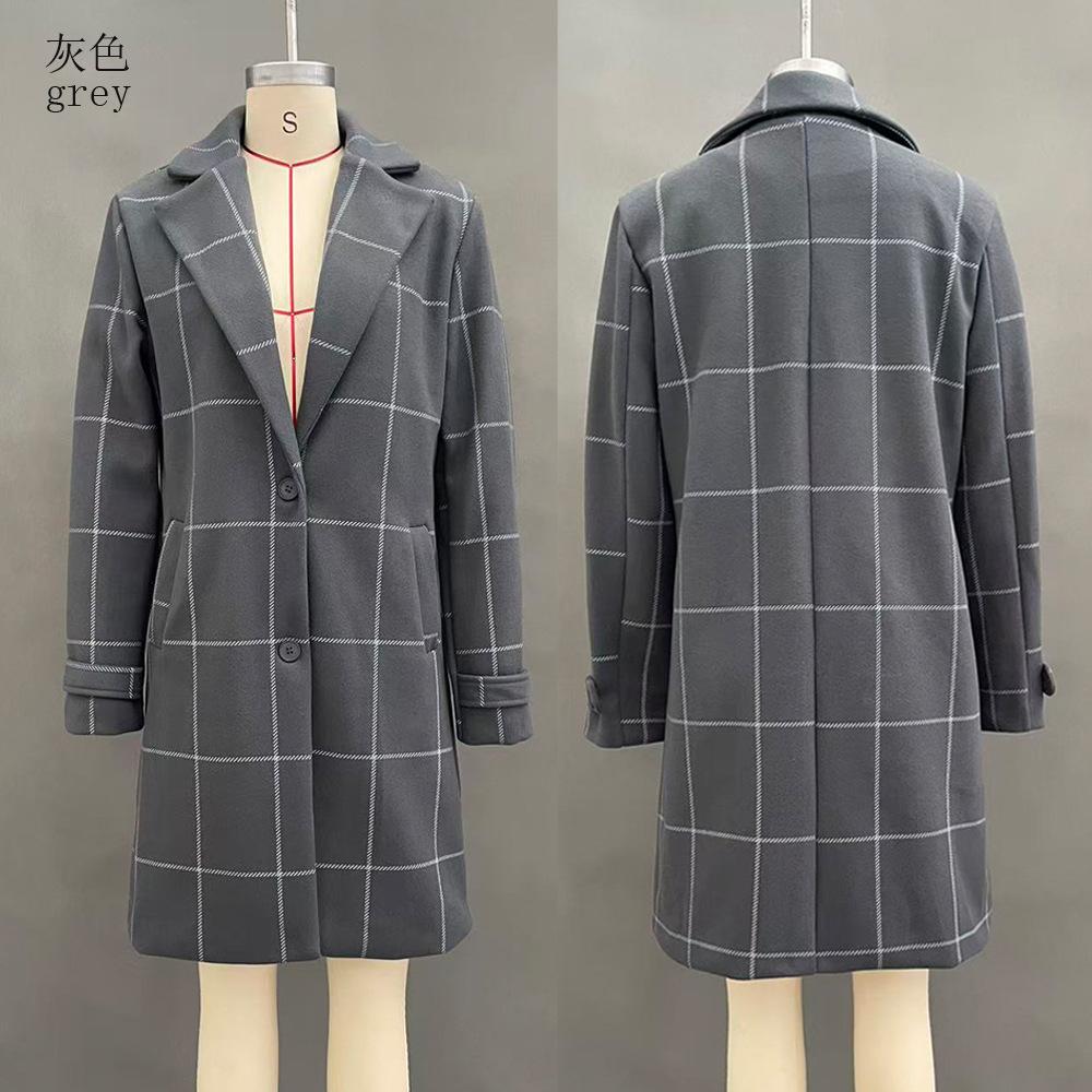 Women's Elegant Mid Length Woolen Coat Vintage Plaid Lapel Collar Casual Overcoat Long Sleeve Check Trench Coat Warm Winter Coat