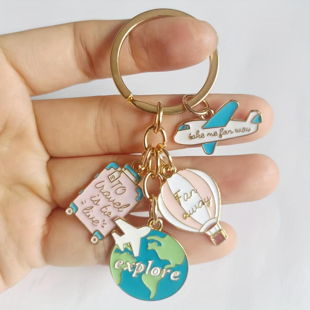 Travel-Themed Keychain: Airplane, Balloon, Map & Suitcase Pendant