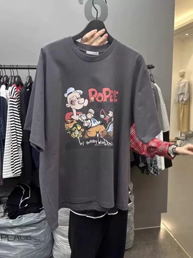 

Korean Dongdaemun Plus Size Cartoon Print Cotton T-shirt for Women L темно-серого