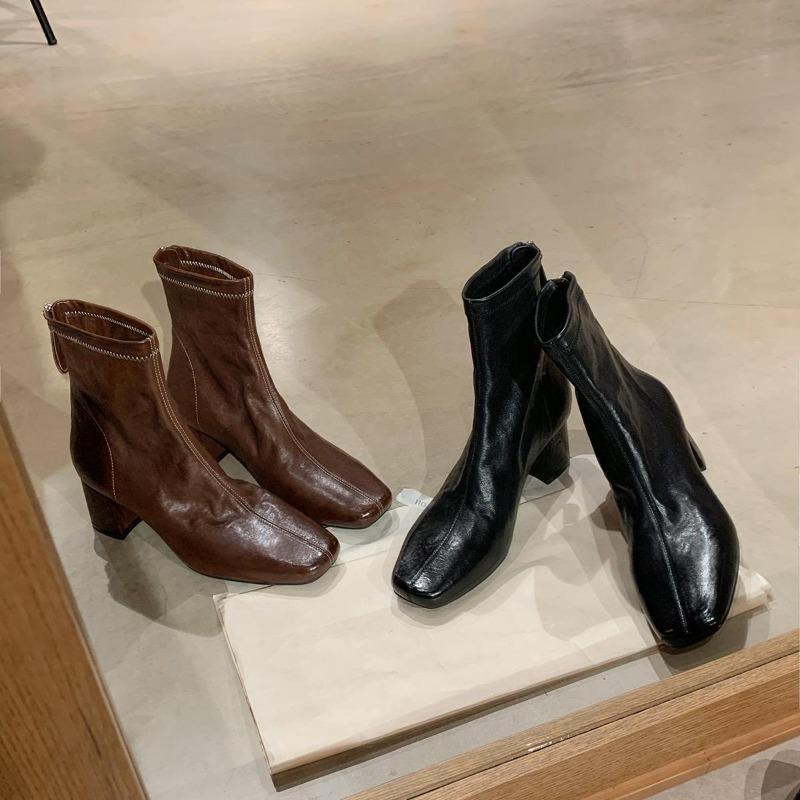 

~ Цюрих Вечер~ Маленький квадратный носок Узкие Универсальные Толстый каблук Узкие Короткие ботильоны Женские 40 тёмно-рыжий