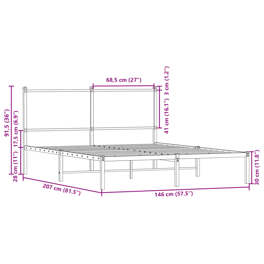 Metal Bed Frame Without Mattress Smoked Oak Finish 140 X 200 Cm