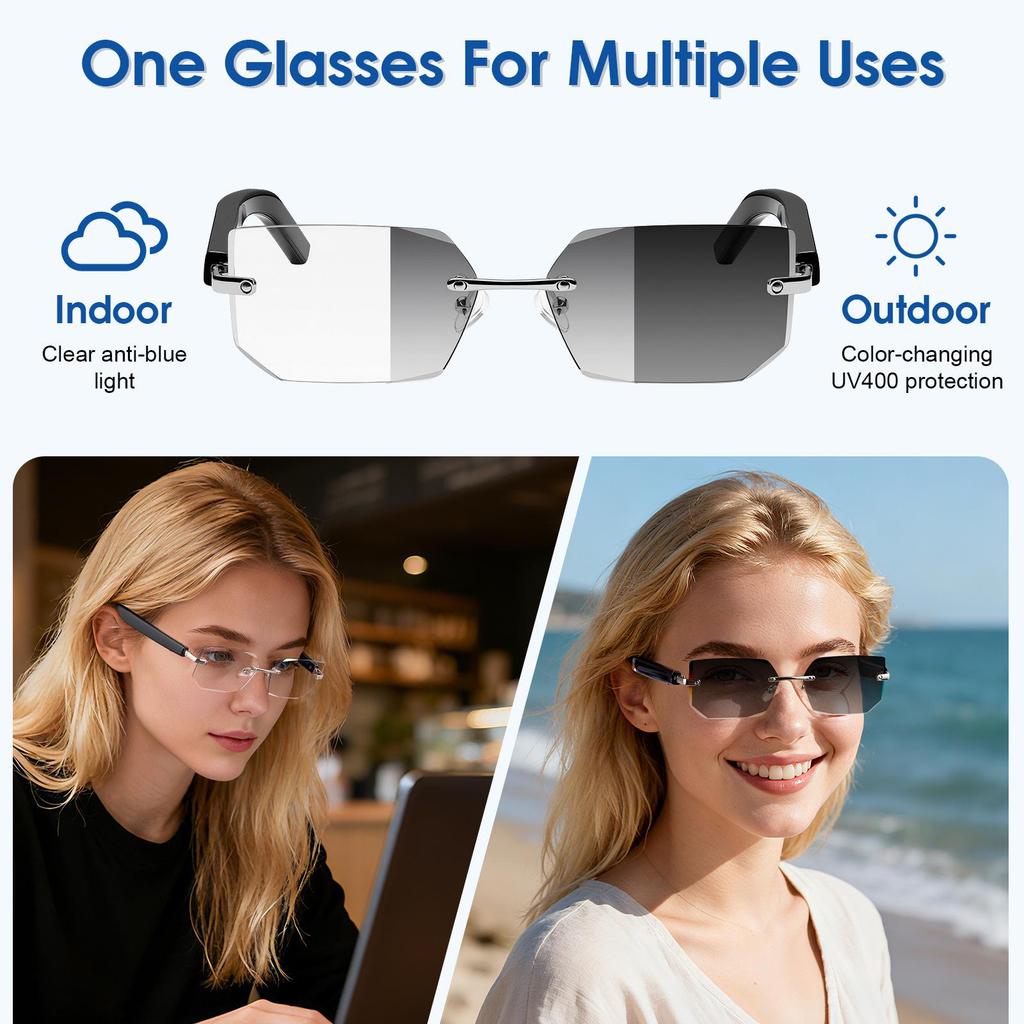 AI Smart Bluetooth Frameless Sunglasses with UV Protection and Photochromic Lenses, for Music and Calls