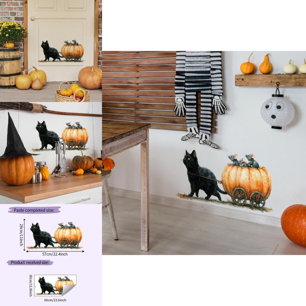 Pvc Wall Art Cartoon Cat Pulling Pumpkin Cart Sitting Mouse Sticker For Kitchen Bedroom And Office Decor