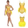 Women Latin Rumba Dance Leotard with Fuzzy Feather Skirt Glitter Rhinestones Sheer Mesh Sling Bodysuit for Tango Cha Cha Stage Performance