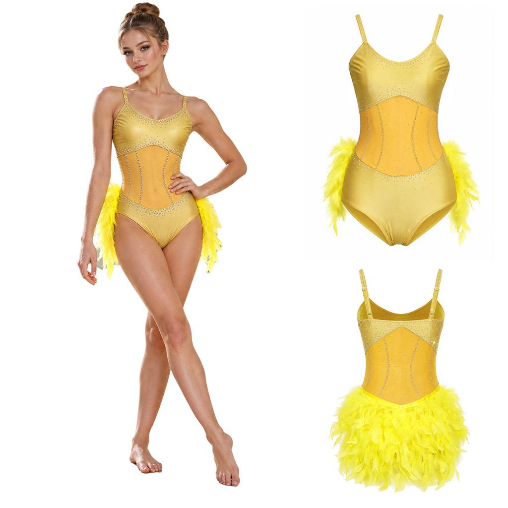 Women Latin Rumba Dance Leotard with Fuzzy Feather Skirt Glitter Rhinestones Sheer Mesh Sling Bodysuit for Tango Cha Cha Stage Performance