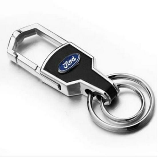 Diamond-Studded Metal & Leather Car Keychain with Double-Sided Logo