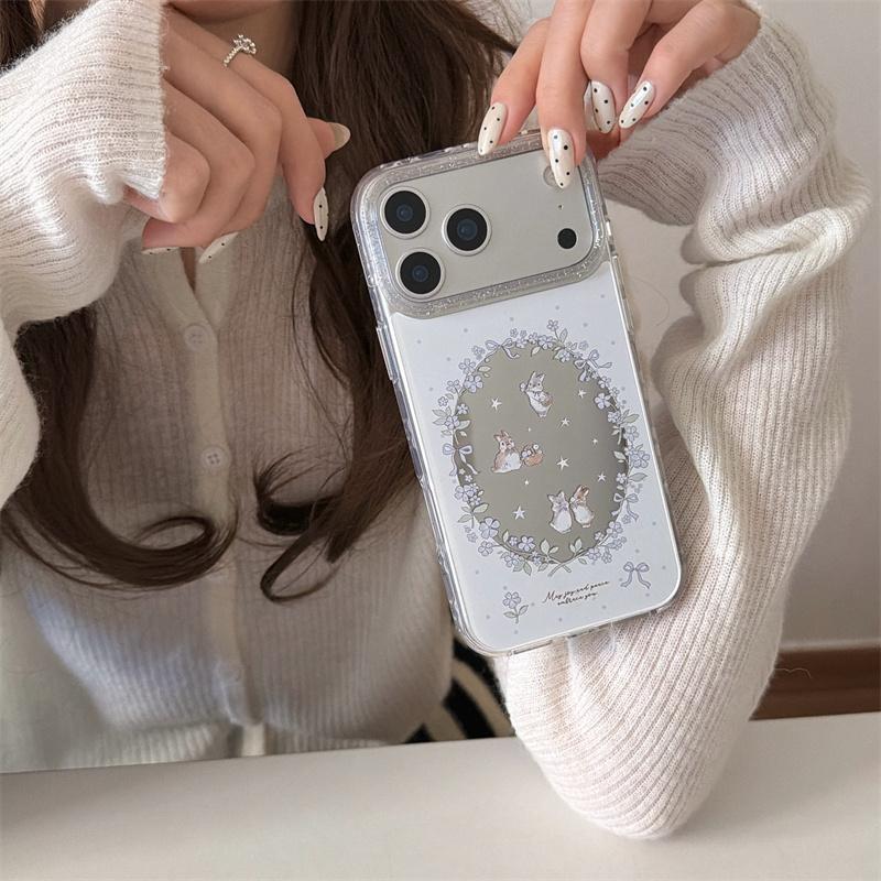 New 2026 Mirror Surface Purple Floral Bunny Phone Case For iPhone 17 Pro 16 15 14 17 Pro Max Glitter Shockproof Cover Girl