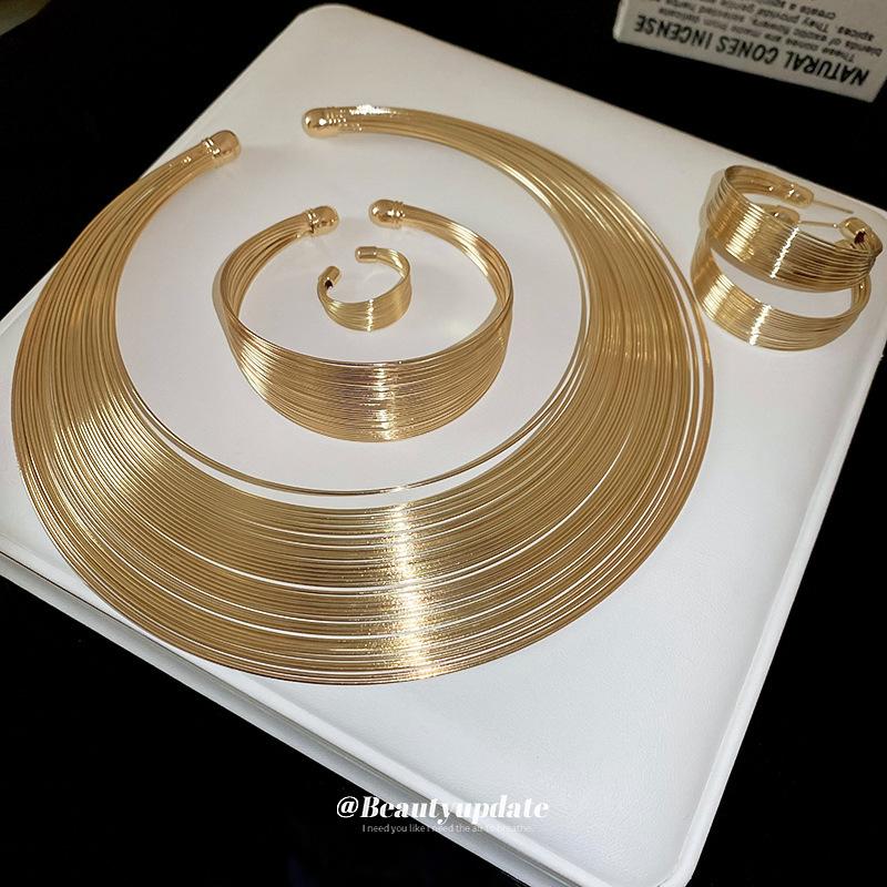 New 4 Pcs Metal Gold Color Geometric Multi-layer Necklaces for Women Heavy Industry Bangles Round Earrings Fashion Zircon Sets