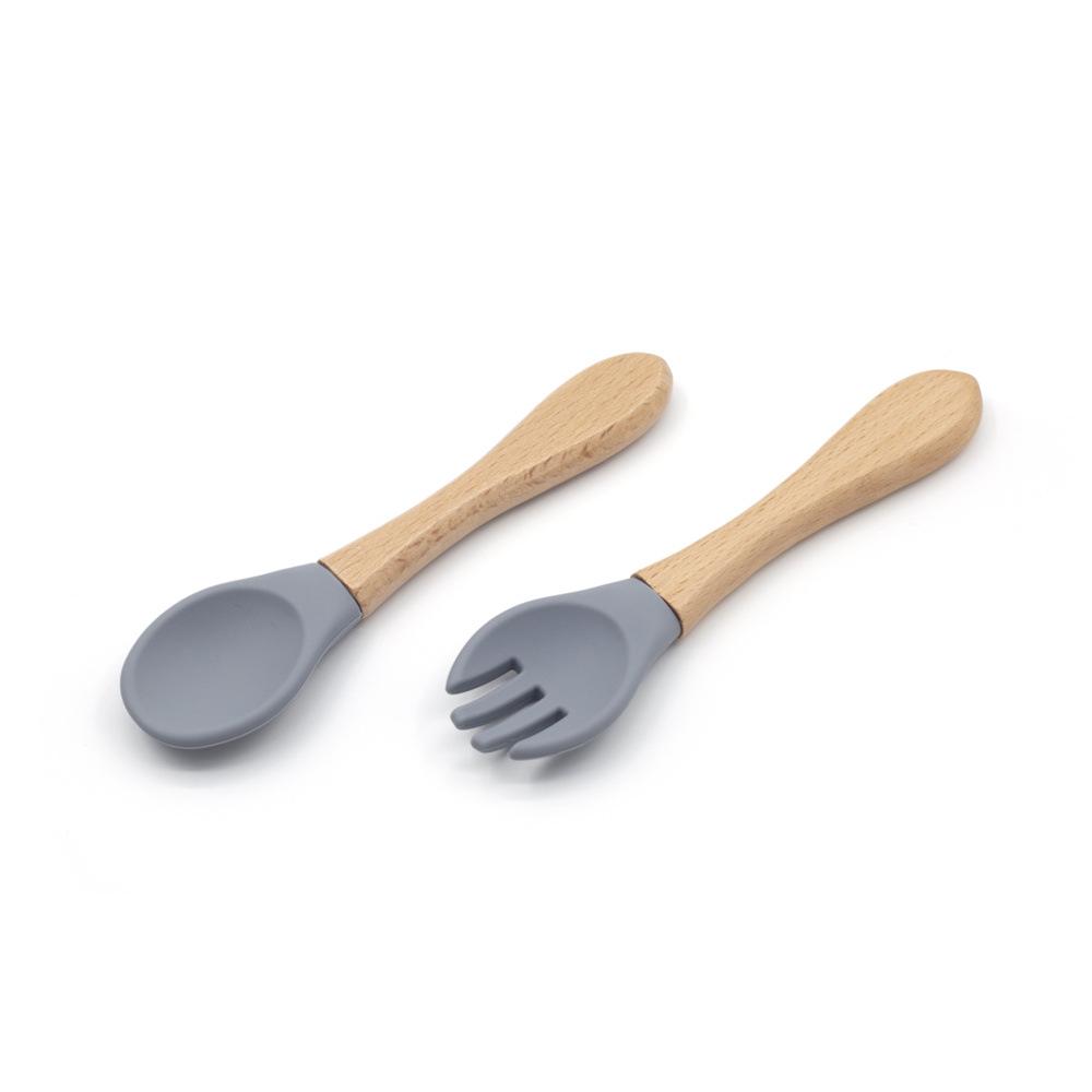 Silicone Baby & Toddler Tableware with Wooden Handle Fork & Spoon for Feeding Training