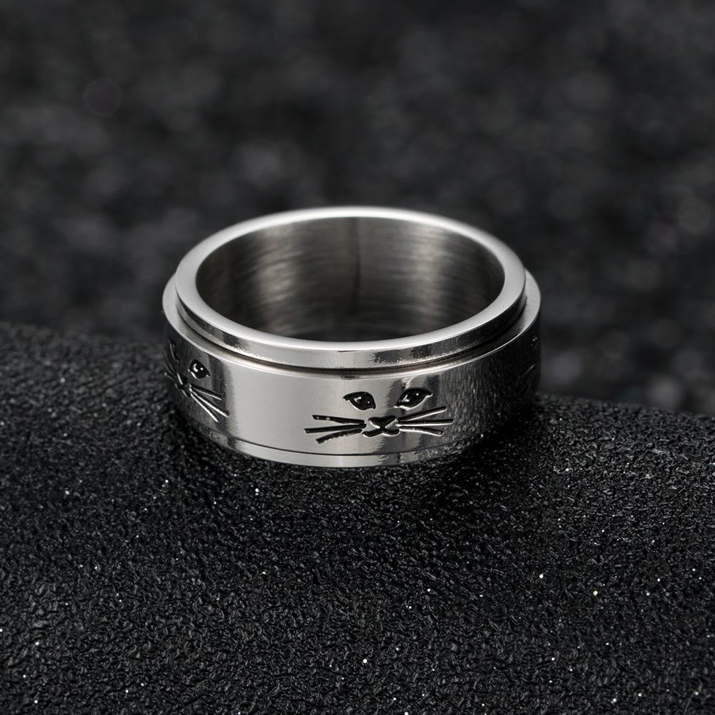Rotatable Metal Cat Face Ring For Women Men Silver Color Stainless Steel Ring Punk Gothic Simple Accessories Kitten Jewelry Gift