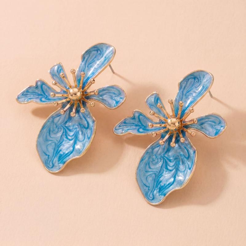 Marbled Enamel Flower Earrings with Polished Gold Trim Lovely Chic Design for Wedding Prom Party Gift for Her