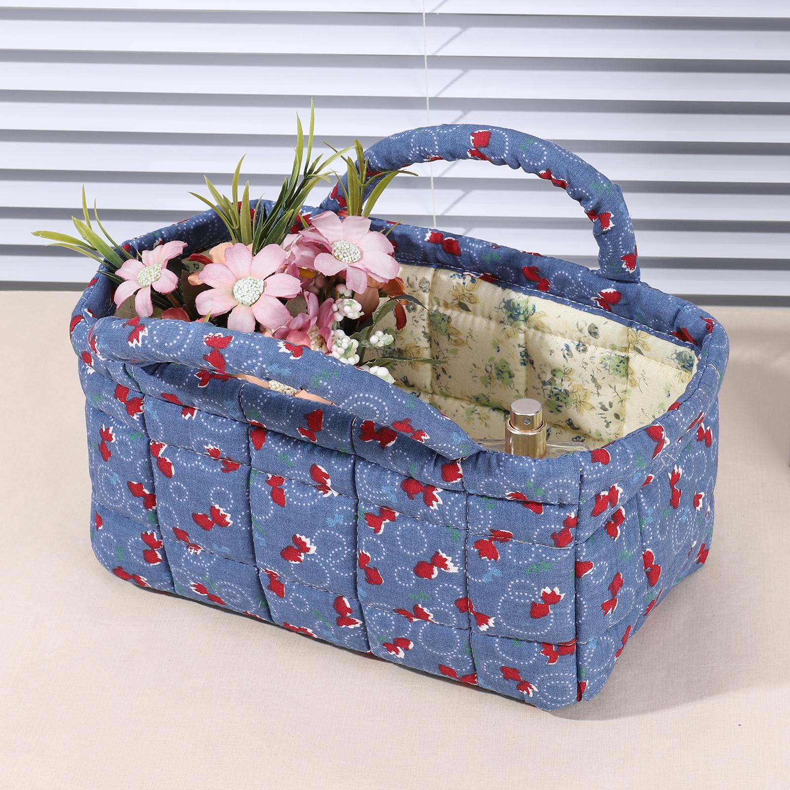 Складная корзина для белья с цветочным принтом и ручками, тканевая корзина для хранения в пасторальном стиле для маленькой квартиры, общежития, шкафа небесно-голубой