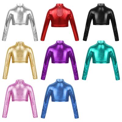 Glossy Metallic Long Sleeve Crop Top for Kids Girls Stage Performance Dance Wear