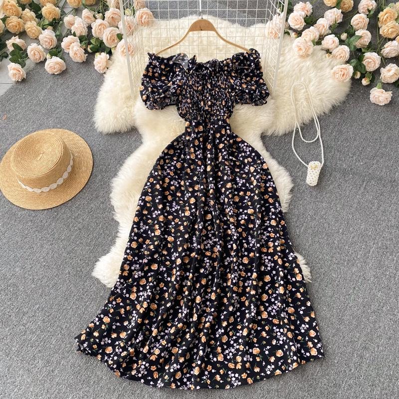 French Retro Floral Slimming High-Waist Long Dress with Pleated Drawstring and Big Swing Hem