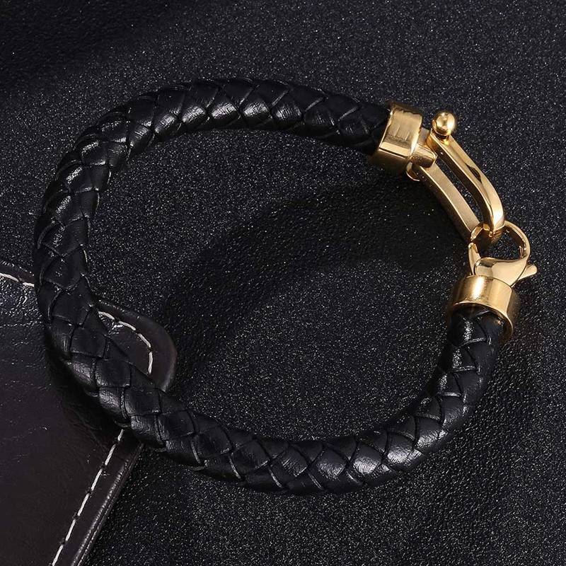 Trendy Men's Jewelry Black Braided Leather Bracelet Gold Color Stainless Steel Horseshoe Lobster Clasp Handmade Bracelets SP0760