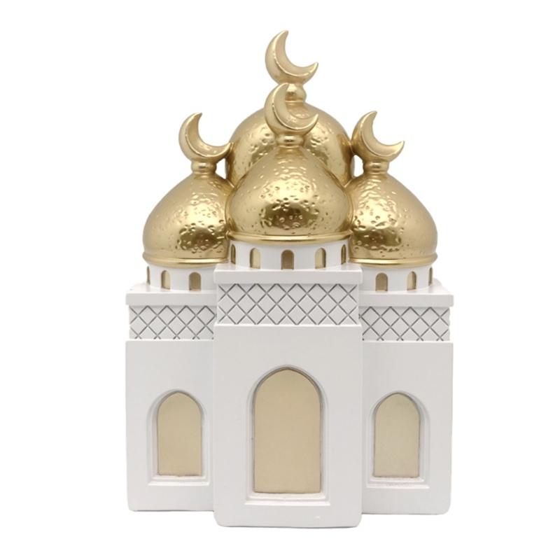 Gold and White Mosque Tower Model Desktop Ornament,Ramadans Eid Home Decors Decorative Ornament for Table Bookshelf