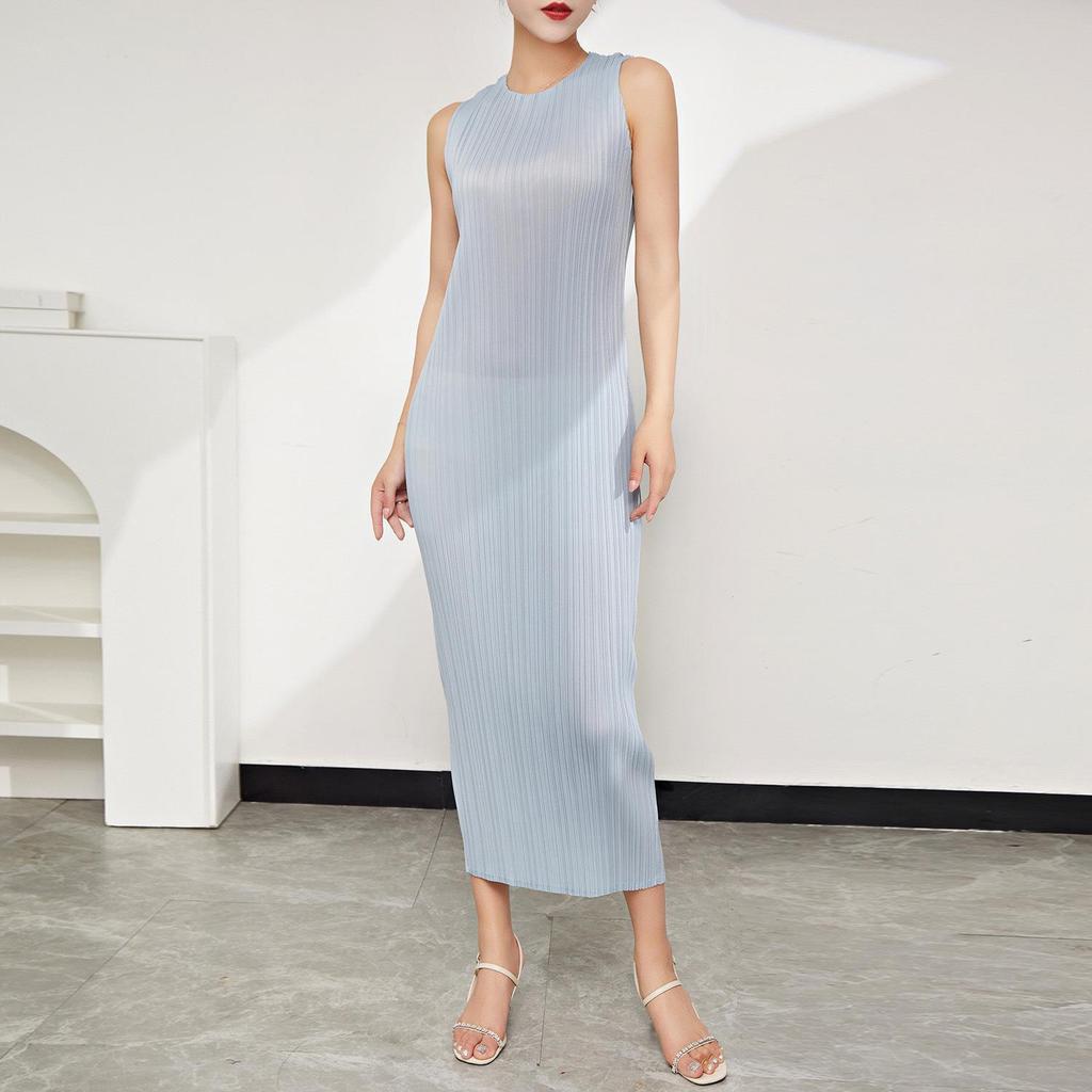 Dámské jednobarevné letní maxi šaty Miyake bez rukávů, plisované, slim-fit