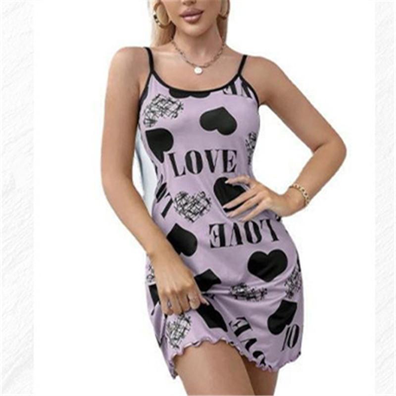 Letní dámská noční košile Krásná záda Tenká sekce Domácí oblečení Sexy halter Krátká sukně Láska Kreslený Roztomilý potisk Pyžamo