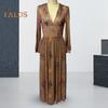 Spring Fall Dress V Neck Digital Floral Print Pleated A-line Maxi Dress Long Sleeves Beach Dress for Party Travel