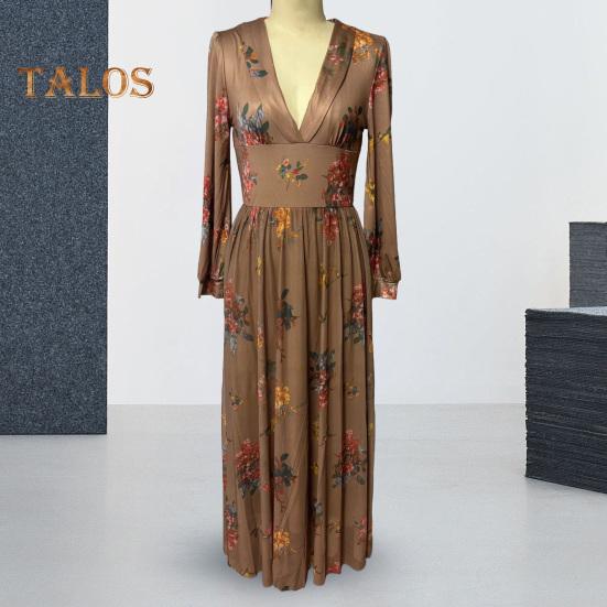 Spring Fall Dress V Neck Digital Floral Print Pleated A-line Maxi Dress Long Sleeves Beach Dress for Party Travel