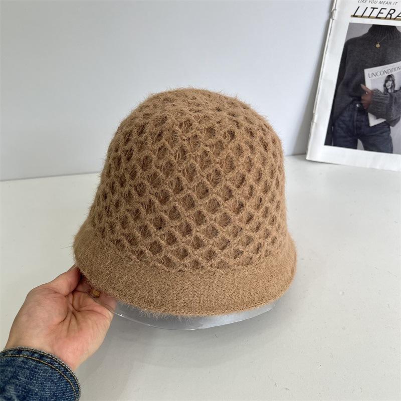 

Double-sided knitted bucket hat women s winter big head circumference warm wool bucket hat new face small plush basin hat M（56-58cm） темно-коричневого кольору