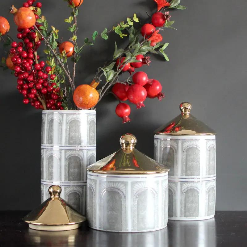 Modern Architectural Pattern Ceramic Storage Tank with Cover Household Decoration Vase Candle Jar Candy Tank Kitchen Storage