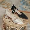 Baotou sandals women's medium heel pointed summer 2025 new high heels women's thick heel pearl fairy wind hollow single shoes