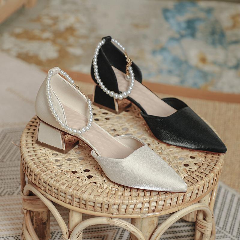 Baotou sandals women's medium heel pointed summer 2025 new high heels women's thick heel pearl fairy wind hollow single shoes