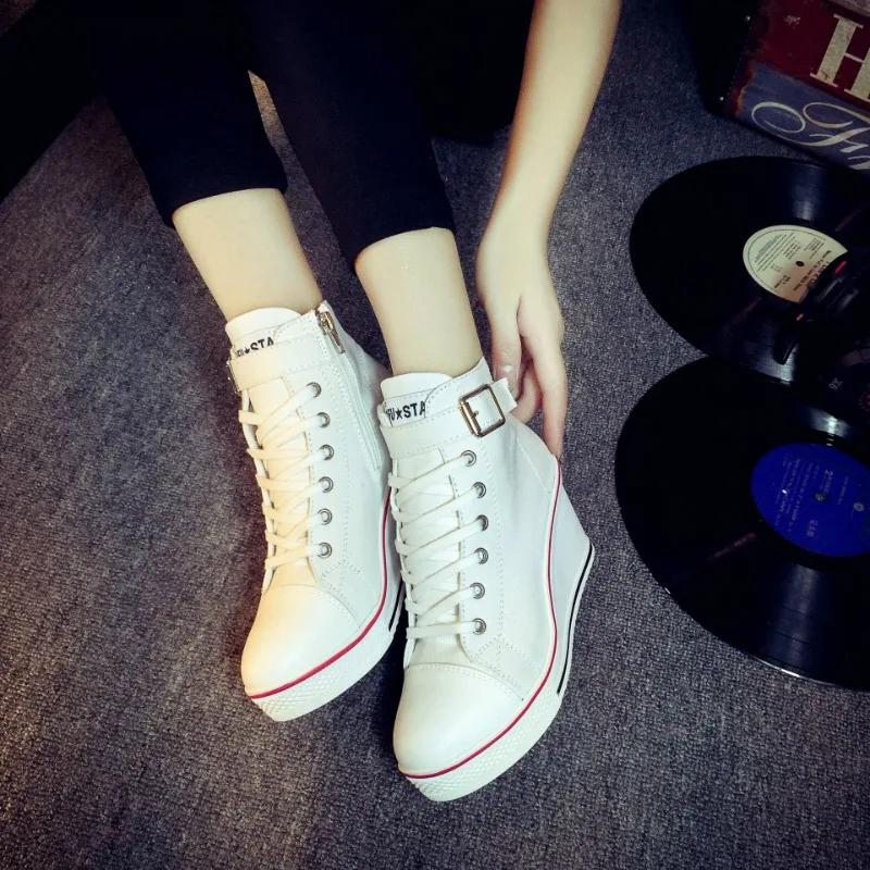 Fashion 8CM AutumnTop Quality Women Canvas Wedges Shoes High Top Pumps Casual Shoes Female Height Increasing Platform Women Canvas Shoes