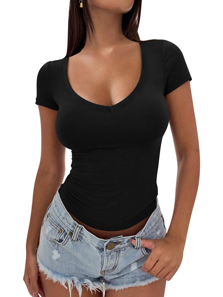 Women Fashion Slim Fit V Neck Short Sleeve Solid Cropped Casual T Shirt